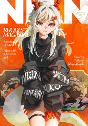  1girl absurdres arknights black_jacket black_sweater character_name closed_mouth clothes_writing colored_extremities commentary cover cowboy_shot dragon_girl dragon_horns dragon_tail english_commentary fake_magazine_cover fang fingernails grey_hair hands_on_own_legs hands_on_own_thighs heart_hairclip highres horns jacket leaning leaning_forward long_hair looking_at_viewer magazine_cover multicolored_hair nian_(arknights) nikov off_shoulder orange_background revision ribbed_sweater skin_fang sleeves_past_wrists solo standing streaked_hair sweater tail thigh_strap turtleneck turtleneck_sweater violet_eyes white_hair 