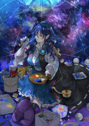  1girl absurdres art_brush black_cape black_socks blue_dress blue_gem blue_hair blue_hat buttons cape commentary_request diamond_button dress earrings gem geta gloves gonglijeongli hat highres holding holding_brush holding_paint_palette holding_paintbrush iizunamaru_megumu jewelry korean_commentary paint paint_can paint_palette paint_stains paintbrush pointy_ears pom_pom_(clothes) purple_shoes red_eyes shirt shoes shoulder_guard sitting socks solo tengu-geta tokin_hat touhou trim_brush white_gloves white_shirt 