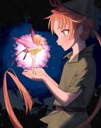  1boy 1girl alternate_hairstyle bad_id bad_twitter_id blonde_hair closed_eyes cosplay cure_butterfly cure_wing dress elf facing_another fairy fairy_wings flats green_dress green_hat green_shoes green_tunic hat hello_silly0081 highres hijiri_ageha hirogaru_sky!_precure leaning_forward long_hair looking_at_another microdress mini_person minigirl night open_mouth orange_hair outdoors peter_pan_(disney) peter_pan_(disney)_(cosplay) phrygian_cap pointy_ears ponytail precure red_eyes shoes sky smile standing tinker_bell_(disney) tinker_bell_(disney)_(cosplay) tiptoes tunic very_long_hair walt_disney's_peter_pan wings yuunagi_tsubasa 