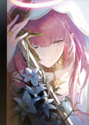  1girl ambience_synesthesia arknights bridal_gauntlets chinese_commentary closed_mouth commentary_request disembodied_hand facial_mark film_grain gold_collar halo hand_up highres holding jewelry lemuen_(arknights) lemuen_(requiem_vesperis)_(arknights) long_hair looking_at_viewer mark_under_eye official_alternate_costume one_eye_closed pink_eyes pink_hair polaris_(user_rdgx7257) ring sidelighting smile solo teardrop_facial_mark traditional_halo upper_body veil white_halo white_lily white_veil 