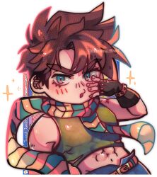  1boy abs battle_tendency belt blue_eyes brown_belt brown_hair chibi chibi_only crop_top denim fingerless_gloves gloves green_shirt jeans jojo_no_kimyou_na_bouken joseph_joestar looking_at_viewer maewenmitzuki male_focus midriff muscular muscular_male pants scarf shirt sparkle striped_clothes striped_scarf 