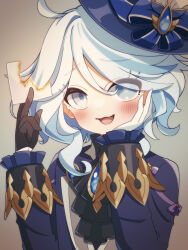  1girl :3 absurdres ahoge ascot asymmetrical_gloves black_ascot black_gloves blue_eyes blue_hair blue_hat blue_jacket blush burning burning_paper commentary_request double-parted_bangs furina_(genshin_impact) genshin_impact gloves gradient_background grey_background hair_between_eyes hair_intakes hat heterochromia highres holding holding_paper jacket long_sleeves looking_at_viewer medium_hair mismatched_gloves multicolored_hair open_mouth paper petako_(ptpt_k) sidelocks simple_background solo streaked_hair tilted_headwear upper_body white_gloves 