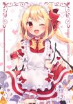  1girl ;d apron black_footwear blonde_hair bow bowtie chisiro_unya_(unya_draw) commentary_request crystal fang flandre_scarlet hair_ribbon heart looking_at_viewer medium_hair one_eye_closed one_side_up open_mouth red_eyes red_nails red_ribbon ribbon short_sleeves signature smile socks solo touhou twitter_username white_apron white_background white_socks wrist_cuffs yellow_bow yellow_bowtie 