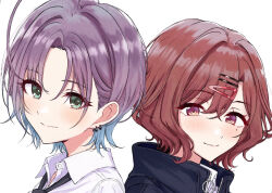  2girls aqua_hair asakura_toru black_necktie black_sweater brown_hair collared_shirt fangs gradient_hair hair_between_eyes hair_ornament hairclip highres higuchi_madoka idolmaster idolmaster_shiny_colors loose_necktie medium_hair mole mole_under_eye multicolored_hair multiple_girls necktie shirt shizuki_nagatsuki short_hair skin_fangs sweater swept_bangs violet_eyes white_background white_shirt 