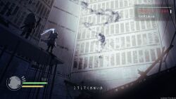  1girl absurdres backpack bag commentary_request grey_hair halo health_bar highres hood jacket kani_etizen03 long_hair original pants ruins scenery solo stick urban user_interface white_hair 