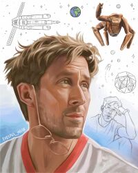  1boy 1other alien beard beard_stubble casual earth_(planet) evelina_maar facial_hair highres messy_hair planet project_hail_mary rocky_(project_hail_mary) ryland_grace scene_fashion space spacecraft stubble 
