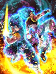  2boys arm_blade aura black_vest blue_eyes blue_hair blue_pants blue_shirt boots commentary_request cropped_vest dougi dragon_ball dragon_ball_super energy_ball energy_blade full_body gloves gogeta highres hiro_(udkod1ezlyi2flo) male_focus metamoran_vest multiple_boys muscular muscular_male no_shirt open_clothes open_vest orange_shirt pants shirt spiky_hair super_saiyan super_saiyan_blue torn_clothes torn_pants torn_vest vegetto vest weapon white_boots white_gloves white_pants 