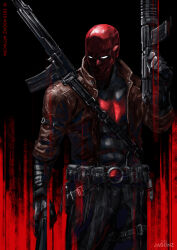  1boy batman_(series) batman_symbol belt black_gloves bodysuit brown_jacket dc_comics gloves grey_bodysuit gun helmet highres holding holding_gun holding_weapon jacket jason_todd male_focus mask multicolored_bodysuit muscular muscular_male open_clothes pants red_hood_(dc) red_hood_and_the_outlaws red_mask rifle su_jiayi superhero_costume taut_bodysuit two-tone_bodysuit utility_belt weapon 