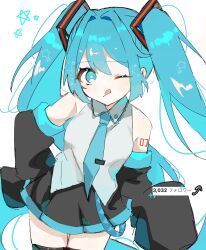 1girl absurdres aqua_eyes aqua_hair arrow_(symbol) bare_shoulders black_skirt black_sleeves blue_necktie blue_trim blush commentary_request cowboy_shot detached_sleeves hair_between_eyes hair_ornament hatsune_miku highres long_hair looking_at_viewer milestone_celebration necktie number_tattoo one_eye_closed pleated_skirt pon_(4bgp4r1ajk45185) shirt shoulder_tattoo sidelocks simple_background skirt sleeveless sleeveless_shirt sleeves_past_fingers sleeves_past_wrists solo sparkle star_(symbol) tattoo thigh-highs thigh_gap thighs tongue tongue_out twintails very_long_hair vocaloid white_background white_shirt wide_sleeves zettai_ryouiki 