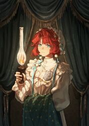  1girl absurdres blue_eyes blue_shawl chinese_commentary closed_mouth commentary_request curtains dark_background dress hand_up hat highres holding_lamp holding_shawl jiaoshi_(8180938687) looking_at_viewer marsha_(reverse:1999) official_alternate_costume red_hair reverse:1999 shawl short_hair smile solo upper_body white_dress white_hat 