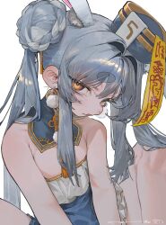  1girl 87yanagi animal_ear_fluff animal_ears bare_shoulders blue_dress blue_hair blush braid braided_bun chinese_clothes closed_mouth commentary_request detached_collar double-parted_bangs double_bun dress earrings extra_ears flat_chest frilled_dress frills gold_trim hair_between_eyes hair_bun hair_intakes hat head_tilt highres hikimayu hololive jewelry jiangshi_costume knees_up lips long_eyelashes long_hair long_sidelocks looking_at_viewer mandarin_collar multicolored_hair official_alternate_costume official_alternate_hairstyle ofuda orange_eyes pom_pom_(clothes) pom_pom_earrings qingdai_guanmao rabbit_ears rabbit_girl short_dress short_eyebrows side_up_bun sidelocks signature simple_background sitting sleeveless sleeveless_dress solo strapless strapless_dress swept_bangs thick_eyebrows two-tone_hair upper_body usada_pekora usada_pekora_(jiangshi) virtual_youtuber white_background white_hair 