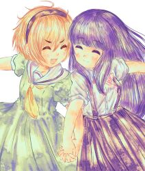  2girls black_skirt blonde_hair blue_hair dress furude_rika green_dress happy highres higurashi_no_naku_koro_ni holding_hands houjou_satoko long_hair multiple_girls neckerchief nekotorine sailor_collar shirt short_hair simple_background skirt smile suspender_skirt suspenders white_background white_sailor_collar white_shirt yellow_neckerchief 