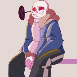  1:1 1boy 2023 2d ? black_pants blue_jacket cowboy_shot digital_media drawstring grey_background grey_hood highres hollow_eyes hood hood_down hooded_jacket humanoid invisible_chair jacket long_sleeves looking_at_viewer male male_focus male_only mittens monster monster_boy onerudegentlman open_clothes open_jacket own_hands_together pants pink_slippers sans_(undertale) simple_background single_vertical_stripe sitting skeleton slippers socks solo spoken_question_mark striped_clothes striped_pants sweater teeth undead undertale utdr_(toby_fox) vertical-striped_clothes vertical-striped_pants white_mittens white_socks white_stripes white_sweater 