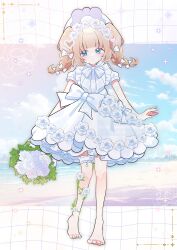  1girl absurdres barefoot blonde_hair blue_eyes blunt_bangs blush bouquet bow bowtie braid closed_mouth clouds commentary_request day dress flower frilled_thigh_strap full_body hair_bow hat highres holding holding_bouquet medium_hair multiple_hair_bows original outdoors rose short_sleeves solo standing thigh_strap twin_braids wataco_coco white_bow white_bowtie white_dress white_flower white_hat white_rose 