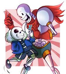  2016 2boys 2d abakura armor artist_name black_shirt black_shorts black_slippers blue_jacket blue_shorts boots border brothers cape commentary cowboy_shot digital_media double_horizontal_stripe duo english_commentary eye_contact fangs full_body fur-trimmed_jacket fur_trim gloves hand_in_pocket height_difference high_five hollow_eyes horizontal-striped_clothes horizontal-striped_shirt humanoid jacket legs_apart long_sleeves looking_at_another male male_focus male_only monster monster_boy multiple_boys one_eye_closed open_clothes open_jacket outside_border papyrus_(undertale) red_background red_boots red_cape red_gloves sans_(undertale) shirt shorts siblings single_vertical_stripe size_difference skeleton slippers striped_clothes striped_shirt striped_shorts teeth two-tone_background undead undertale utdr_(toby_fox) vertical-striped_clothes vertical-striped_shorts white_armor white_border white_fur white_stripes 