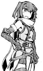  1girl buttons cowboy_shot double-breasted elbow_gloves gauntlets gloves greyscale kantai_collection looking_at_viewer monochrome neckerchief no_nose pleated_skirt sailor_collar sailor_shirt scarf school_uniform sendai_(kancolle) sendai_kai_ni_(kancolle) serafuku shirt short_hair single_thighhighs skirt solo task_(s_task80) two_side_up 