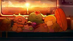 backpack bag closed_eyes clouds cubone evening eyewear_on_head flower goomy gulpin heart heart-shaped_eyewear hibiscus highres holding innertube mixed-language_commentary no_humans ocean oguraan pokemon pokemon_(creature) pokemon_focus psyduck red_flower saliva sitting sky sleeping sunglasses sunset swim_ring swinub train train_interior window 