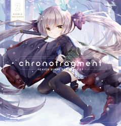  1girl album_cover bare_tree black_robe black_thighhighs blunt_bangs blunt_ends closed_mouth comiket_101 copyright_name cover day dual_wielding eyes_visible_through_hair fake_horns fighting_stance floating_hair full_body grey_hair gun hair_between_eyes hair_ribbon heaven_burns_red highres hime_cut holding holding_gun holding_sword holding_weapon horns katana long_hair long_sleeves looking_at_viewer miniskirt ogasahara_hisame open_clothes open_robe outdoors pleated_skirt purple_ribbon red_ribbon ribbon robe sandals sasakura_towa second-party_source shirt sidelocks skirt smile snow snowing solo split_mouth standing sword thigh-highs tiptoes tree twintails v-shaped_eyebrows very_long_hair weapon white_shirt white_skirt wide_sleeves winter yellow_eyes zettai_ryouiki zouri 