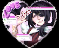  1girl ame-chan_(needy_girl_overdose) bandaged_arm bandages black_eyes black_hair commentary english_text hair_ornament hair_over_one_eye heart heart_frame lace long_hair looking_at_viewer needy_girl_overdose pill red_shirt shirt smile solo timmaryderi twintails window_(computing) x_hair_ornament 