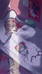  1girl 1other alien_(series) aliens_(1986) broken_heart broken_heart_hair_ornament brown_hair commentary cuffs english_commentary evil_neuro-sama fetal_position from_above full_body fumo_(doll) gun hair_ornament handcuffs handgun happy_meal harpoon heart highres indoors long_hair looking_at_viewer lying mcdonald's neuro-sama nightmaremask07 on_bed on_side one_eye_closed open_mouth poster_(object) red_eyes red_ribbon red_shirt ribbon shadow shirt short_sleeves skull_hair_ornament solo turtle two_side_up under_shot vedal987 vedal_ai virtual_youtuber weapon xenomorph 