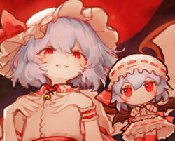  2girls bat_wings blue_hair collared_shirt commentary_request dual_persona full_moon fumo_(doll) grin hat hat_ribbon looking_at_viewer mob_cap moon multiple_girls natucurage night red_eyes red_moon remilia_scarlet ribbon shirt single_wrist_cuff smile touhou white_hat white_shirt wings wrist_cuffs 