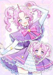  1girl :d absurdres blue_eyes blush border bow bowtie brooch capelet character_request chibi closed_mouth commentary_request commission copyright_request cowboy_shot dress elbow_gloves english_commentary fingerless_gloves frilled_capelet frilled_dress frills gloves highres jewelry looking_at_viewer mixed-language_commentary multiple_views nail_polish open_mouth outline outside_border parted_bangs pink_border pink_bow pink_bowtie pink_hair purple_capelet purple_dress purple_nails short_dress short_hair skeb_commission smile star_brooch thigh-highs twintails unicorn_girl unicorn_horn v wataco_coco watermark white_gloves white_outline white_thighhighs zettai_ryouiki 