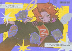  2boys aedd_(e.g.o) armband barcode black_hair black_jacket black_pants brown_hair chibi chibi_inset closed_eyes coat curtained_hair distortion_(project_moon) e.g.o_(project_moon) english_text film_grain glasses grin halo highres hohenheim_(project_moon) jacket johann_(project_moon) lamp_(e.g.o) limbus_company long_sleeves male_focus multiple_boys multiple_views open_mouth pants project_moon round_eyewear shirt short_hair smile solo_focus yobunkiii 
