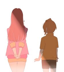  1boy 1girl age_difference arms_behind_back bad_id bad_twitter_id black_shorts brown_hair commentary facing_away from_behind hello_silly0081 hetero highres hijiri_ageha hirogaru_sky!_precure hood hoodie jacket long_hair long_hoodie long_sleeves onee-shota orange_hair own_hands_together pink_hoodie pink_jacket precure shirt short_hair shorts sidelighting simple_background sparkle standing sunlight v_arms white_background yellow_shirt yuunagi_tsubasa 
