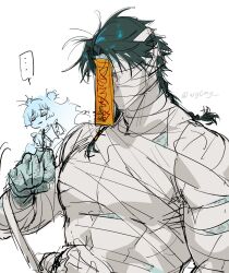  ... 1boy 1girl bandage_over_one_eye bandaged_arm bandaged_chest bandaged_head bandaged_neck bandaged_stomach bandaged_torso bandages braid braided_ponytail clenched_hand colored_skin commentary_request double_bun ghost green_hair green_skin hair_bun hand_up highres medium_hair muscular muscular_male ofuda ofuda_on_head original simple_background sketch speech_bubble spot_color thai_commentary twitter_username unholymilk upper_body white_background 