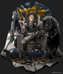  1boy alternate_costume animal_skeleton arm_strap armband axe belt black_armband black_background black_boots black_coat black_collar black_gloves black_nails black_pants black_tank_top blonde_hair boots brown_belt chain chain_leash checkered_floor chest_tattoo coat collar commentary_request copyright_notice crack cracked_floor dagger faux_figurine fingerless_gloves flag full_body gloves grin hair_between_eyes hand_up holding holding_chain hood hood_down hooded_coat knee_up knife knife_sheath leash lion long_sleeves looking_at_viewer luca_kaneshiro male_focus midriff_peek nail_polish nijisanji nijisanji_en official_art on_throne open-toe_boots pants pillar planted planted_axe planted_sword sample_watermark sheath sheathed short_hair simple_background sitting sky sleeveless sleeveless_coat smile solo sword tank_top tattoo thigh_sheath throne toenail_polish toenails torn_clothes torn_flag torn_tank_top ueauwa violet_eyes virtual_youtuber watermark weapon 