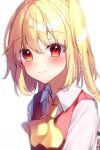  1girl ascot blonde_hair blush chisiro_unya_(unya_draw) closed_mouth commentary_request flandre_scarlet looking_at_viewer medium_hair one_side_up red_eyes simple_background smile solo touhou white_background yellow_ascot 