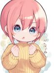  1girl awa_awa_teruru blue_eyes blush_stickers breasts chestnut_mouth chibi clenched_hands commentary double-parted_bangs go-toubun_no_hanayome hair_between_eyes hands_up highres long_sleeves looking_at_viewer medium_hair nakano_ichika open_mouth pink_eyes ribbed_sweater sanpaku small_breasts solo sweater translated upper_body v-shaped_eyebrows white_background yellow_sweater 