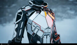  3d armor armored_bodysuit black_bodysuit blender_(medium) bodysuit breastplate close-up commentary company_logo company_name copyright_logo copyright_name dated english_commentary eve_online grey_background grey_theme highres logo marmoset_toolbag_(medium) no_humans official_art realistic science_fiction undoz upper_body white_armor zbrush_(medium) 