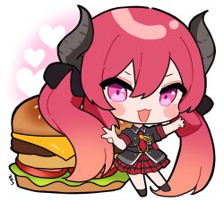  1girl :3 :d black_horns black_shirt black_shoes blue_archive blush_stickers bunnyjiry_(jirynyang) burger chibi chibi_only collared_shirt commentary double-parted_bangs english_commentary food full_body hair_between_eyes hands_up heart horns junko_(blue_archive) long_hair looking_at_viewer necktie open_mouth pink_eyes plaid_clothes plaid_skirt pleated_skirt red_hair red_necktie red_skirt shirt shoes short_sleeves signature simple_background skirt smile solo standing twintails untucked_shirt v-shaped_eyebrows very_long_hair w white_background 