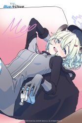  1girl alcohol alternate_language animal_ears artist_name artist_request blue_archive blue_eyes blush breasts commentary couch english_commentary english_text green_hair halo highres hip_flask holding leaning_back lying medium_breasts official_art on_back on_couch open_mouth purple_halo red_background seductive_smile shigure_(blue_archive) short_hair smile solo white_background winter_clothes 