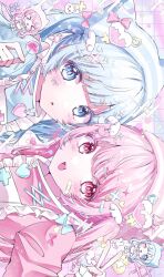  >_< 2girls :d bandaid bandaid_on_cheek bandaid_on_face bandaid_on_hair blue_bow blue_dress blue_eyes blue_hair bow candy cat_hair_ornament chibana_sora chibi commentary cross-laced_clothes dress facing_another food frilled_dress frills gradient_background grid_background hair_bow hair_ornament hairclip hand_up hat head_wings heart heart_print highres holding holding_candy holding_food holding_lollipop lollipop long_hair looking_at_viewer multiple_girls one_eye_closed original parallel_hairclips pink_background pink_dress pink_eyes pink_hair ribbon sidelocks sideways smile sparkling_eyes star_(symbol) star_hair_ornament striped_clothes striped_headwear twintails untranslatable_commentary upper_body v wings zipper_pull_tab 