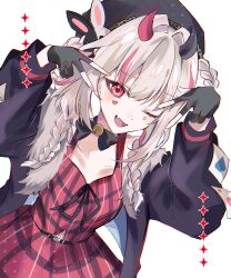  1girl asymmetrical_horns black_choker black_gloves black_jacket braid breasts card choker commentary_request diamond_(shape) diamond_facial_mark double_v facial_mark fang fingerless_gloves fur-trimmed_jacket fur_trim gloves hair_intakes hat heart heart_facial_mark highres honkai:_star_rail honkai_(series) horns jacket leaning_forward long_hair looking_at_viewer mark_under_both_eyes medium_breasts mismatched_horns multicolored_hair navel official_alternate_costume one_eye_closed open_mouth pink_eyes pink_hair pink_tank_top plaid_clothes plaid_skirt playing_card red_skirt red_tank_top simple_background skin_fang skirt smile solo sparkle_(honkai:_star_rail) sparxie_(ethereal_dance)_(honkai:_star_rail) sparxie_(honkai:_star_rail) streaked_hair tank_top twin_braids twitter_username upper_body v white_background white_hair x8n2h 