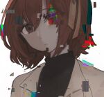  1girl a.i._voice adachi_rei black_shirt closed_mouth commentary empty_eyes expressionless glitch hair_ribbon headphones jacket light_frown looking_at_viewer microphone mu_(fyt8ozu7rxqyoy4) muted_color one_side_up open_clothes open_jacket orange_eyes orange_hair orange_ribbon portrait ribbon shirt short_hair simple_background solo turtleneck utau white_background white_jacket 