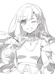  1girl ;d blush choker collarbone commentary greyscale grin hair_ornament highres long_hair looking_at_viewer monochrome one_eye_closed pointing pointing_at_viewer project_sekai ruoguiling shiraishi_an simple_background smile solo star_(symbol) star_hair_ornament studded_choker untranslatable_commentary upper_body white_background 