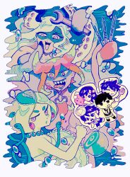  3boys 4girls aubrey_(headspace)_(omori) aubrey_(omori) ball barefoot black_tank_top blonde_hair blue_skin bow checkered_clothes chibi closed_mouth colored_skin double-parted_bangs earrings gradient_hair green_hair green_skin grey_hair hair_between_eyes hair_bow hero_(headspace)_(omori) hero_(omori) highres holding holding_knife holding_spatula holding_stuffed_toy holding_wrench jewelry kel_(headspace)_(omori) kel_(omori) knife long_hair looking_at_viewer marina_(omori) medusa_(omori) milkymilkyshark molly_(omori) multicolored_hair multiple_boys multiple_girls omori omori_(omori) one_eye_closed open_mouth parted_lips pink_bow pink_hair pink_skin purple_hair purple_shorts red_eyes sharp_teeth short_hair shorts sidelocks spatula sphere_earrings striped_clothes striped_shorts stuffed_toy tank_top teeth tentacle_hair tentacles two-tone_hair vertical-striped_clothes vertical-striped_shorts violet_eyes white_shorts wrench 