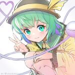 1girl black_headwear blush closed_mouth feet_out_of_frame flat_chest frilled_shirt_collar frilled_sleeves frills green_eyes green_hair hand_up hat hat_ribbon heart heart_of_string highres komeiji_koishi long_sleeves looking_at_viewer revision ribbon shiroi_karasu shirt simple_background smile solo squatting third_eye touhou v white_background yellow_ribbon yellow_shirt 
