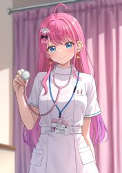  1girl absurdres ahoge black_bow blue_eyes blush bow bow_earrings breasts commentary_request curtains dress earrings hair_bow hair_ornament hal_(haldayo913) heart heart_ahoge highres holding holding_stethoscope jewelry kuramochi_meruto long_hair looking_at_viewer multicolored_hair multiple_hair_bows nijisanji nurse pink_bow pink_hair short_sleeves solo stethoscope virtual_youtuber white_dress 