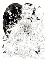  1girl animal_ears animal_on_head bird bird_on_head bug butterfly cat_ears cat_girl chinese_commentary choker closed_mouth commentary_request copyright_request dress exposed_bone greyscale head_wreath highres holding_own_dress lerpet long_hair looking_at_viewer monochrome on_head open_window original plant smile solo watermark weibo_watermark white_background window wristband 