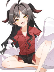  1girl :3 :d absurdres ahoge barefoot black_shorts blue_archive brown_hair collarbone collared_shirt commentary_request demon_horns dress_shirt fang full_body hair_intakes hair_over_shoulder highres horns huge_ahoge kasumi_(blue_archive) knee_up lab_coat long_hair long_sleeves looking_at_viewer missing_halo off_shoulder open_mouth petako_(ptpt_k) red_shirt shadow shirt shirt_tucked_in short_shorts shorts sidelocks simple_background sitting sleeves_past_fingers sleeves_past_wrists smile smug solo very_long_hair white_background yellow_eyes 
