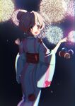  1girl :d aerial_fireworks brown_eyes chromatic_aberration commentary fireworks floral_print from_behind grey_hair hair_bun hair_up highres japanese_clothes kimono looking_at_viewer looking_back motituki0 onii-chan_wa_oshimai! open_mouth oyama_mahiro print_kimono sash smile solo water_balloon wide_sleeves yukata 