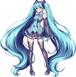  1girl absurdly_long_hair absurdres artist_name bare_shoulders black_skirt black_sleeves black_thighhighs blue_eyes blue_hair blue_nails blue_necktie blue_trim collared_shirt commentary detached_sleeves fingernails frilled_shirt_collar frills from_side full_body grey_shirt hair_between_eyes hair_ornament hatsune_miku headphones headset highres legs_apart long_hair looking_at_viewer miniskirt nail_polish necktie number_tattoo pigeon-toed pleated_skirt sasucchi95 shiny_clothes shiny_legwear shirt shoulder_tattoo simple_background skirt sleeveless sleeveless_shirt smile solo standing tachi-e tareme tattoo thigh-highs transparent_background twintails very_long_hair vocaloid vocaloid_boxart_pose zettai_ryouiki 