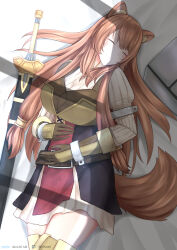 1girl absurdres alternate_breast_size_(larger) animal_ear_fluff animal_ears armor artist_name belt black_dress blunt_bangs boots breastplate breasts brown_belt brown_boots brown_gloves brown_hair closed_eyes commentary_request cowboy_shot day dress elbow_gloves gloves hands_on_own_stomach highres huge_breasts indoors kei_izumi leather leather_armor leather_boots leather_gloves legendary_shield_(small_shield)_(tate_no_yuusha_no_nariagari) legendary_shield_(tate_no_yuusha_no_nariagari) long_hair long_sleeves lying metal_arm_cuffs metal_wrist_cuffs on_back on_bed parted_bangs parted_lips pauldrons pinstripe_dress pinstripe_pattern pixiv_logo pixiv_username raccoon_ears raccoon_girl raccoon_tail raphtalia red_dress scabbard sheath sheathed short_dress shoulder_armor single_pauldron sleeping sleeveless sleeveless_dress solo straight_hair sunlight sword tail tate_no_yuusha_no_nariagari thigh_boots two-tone_dress watermark weapon white_dress window_shadow zettai_ryouiki 