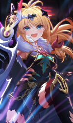  1girl :d absurdres black_dress black_gloves black_thighhighs blonde_hair blue_eyes blush commentary_request cowboy_shot dress elbow_gloves eyelashes eyes_visible_through_hair fingerless_gloves floating_hair fur_shawl gloves hair_between_eyes hair_ribbon hand_up heaven_burns_red highres holding holding_weapon jewelry kanzaki_adelheid kanzaki_adelheid_(demon_king's_beastmaster_of_calamity) long_hair looking_at_viewer necklace night official_alternate_costume official_alternate_hairstyle open_mouth outdoors red_ribbon ribbon shawl shiinochi smile smug strapless strapless_dress teeth thigh-highs torn_clothes torn_dress torn_thighhighs upper_teeth_only v-shaped_eyebrows weapon 