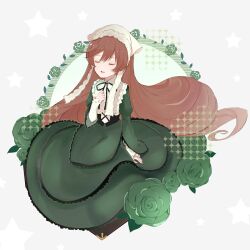  1girl black_corset brown_hair chinese_commentary clenched_hand closed_mouth collared_shirt commentary_request corset country_lolita dress eyelashes floating_hair flower frilled_dress frilled_sleeves frills full_body green_dress green_flower green_rose grey_background hair_between_eyes halftone hand_on_own_chest happy headscarf highres juliet_sleeves layered_sleeves leaf lolita_fashion long_dress long_hair long_sleeves miqing mixed-language_commentary on_suitcase open_mouth picture_frame puffy_sleeves rose rozen_maiden shirt shirt_under_dress sitting sleeves_past_wrists smile solo star_(symbol) star_symbol_background suiseiseki suitcase very_long_hair wavy_hair white_headscarf white_shirt 