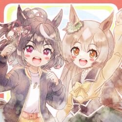  2girls aged_down ahoge animal_ears black_corset black_hair black_jacket black_sailor_collar blush bow braid brown_hair chiffon commentary_request corset double-parted_bangs ear_ornament ear_ribbon green_skirt hair_between_eyes hair_ornament half_up_braid horse_ears horse_girl horse_tail jacket kitasan_black_(umamusume) long_hair long_sleeves looking_at_viewer multicolored_hair multiple_girls open_clothes open_jacket open_mouth orange_shorts red_eyes sailor_collar satono_diamond_(umamusume) shirt short_hair shorts skirt smile streaked_hair tail teeth umamusume very_long_hair white_hair white_shirt yellow_bow yellow_shirt 